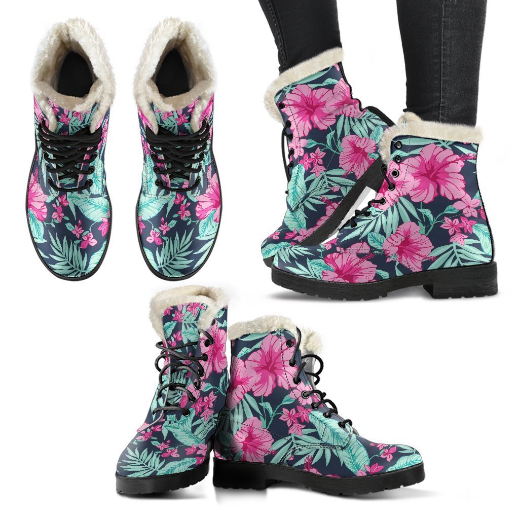 Groovy Pink Hibiscus Faux Fur Leather Boots for the Free-Spirited Hippie - 2