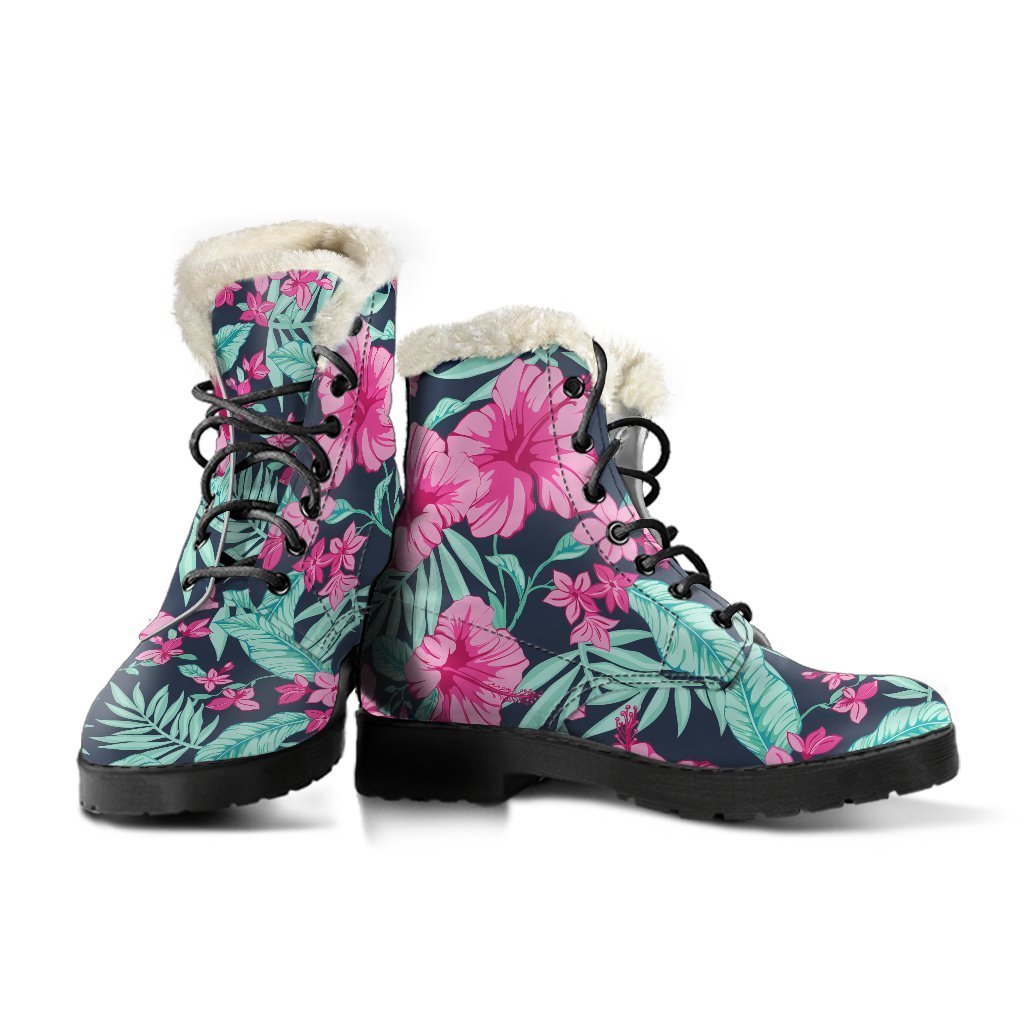 Groovy Pink Hibiscus Faux Fur Leather Boots for the Free-Spirited Hippie - 3