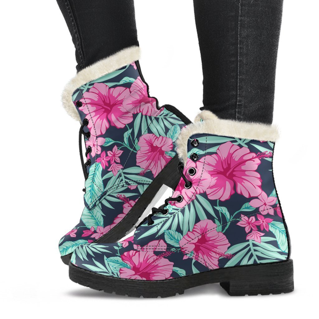 Groovy Pink Hibiscus Faux Fur Leather Boots for the Free-Spirited Hippie - 1