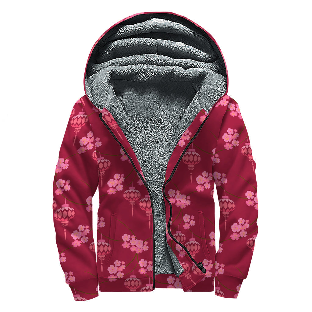 Peaceful Pink Japanese Lantern Sherpa Lined Zip Up Hoodie for Groovy Hippies - 1