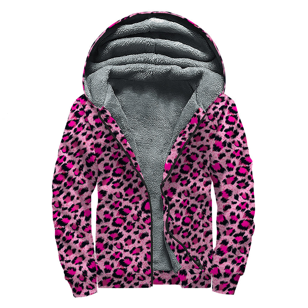 Pink Leopard Print Sherpa Lined Zip Up Hoodie for Groovy Hippies - 1