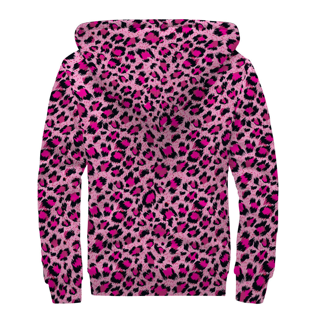 Pink Leopard Print Sherpa Lined Zip Up Hoodie for Groovy Hippies - 2