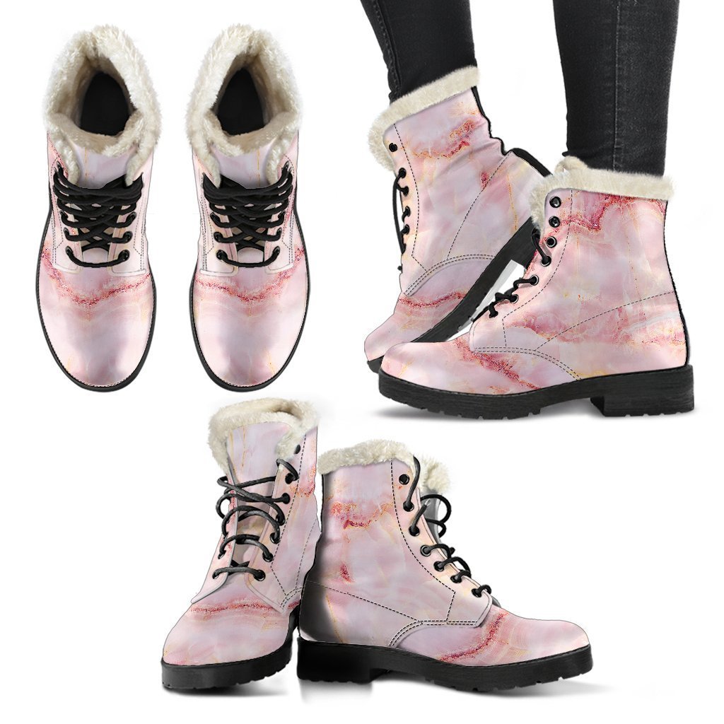 Groovy Vibes Faux Fur Leather Boots - Pink Marble Print - 2