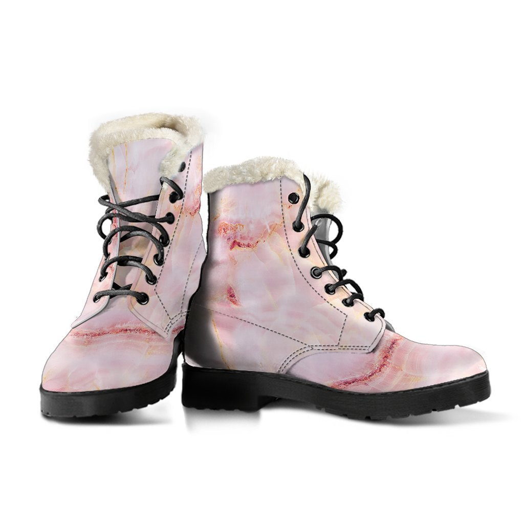 Groovy Vibes Faux Fur Leather Boots - Pink Marble Print - 3