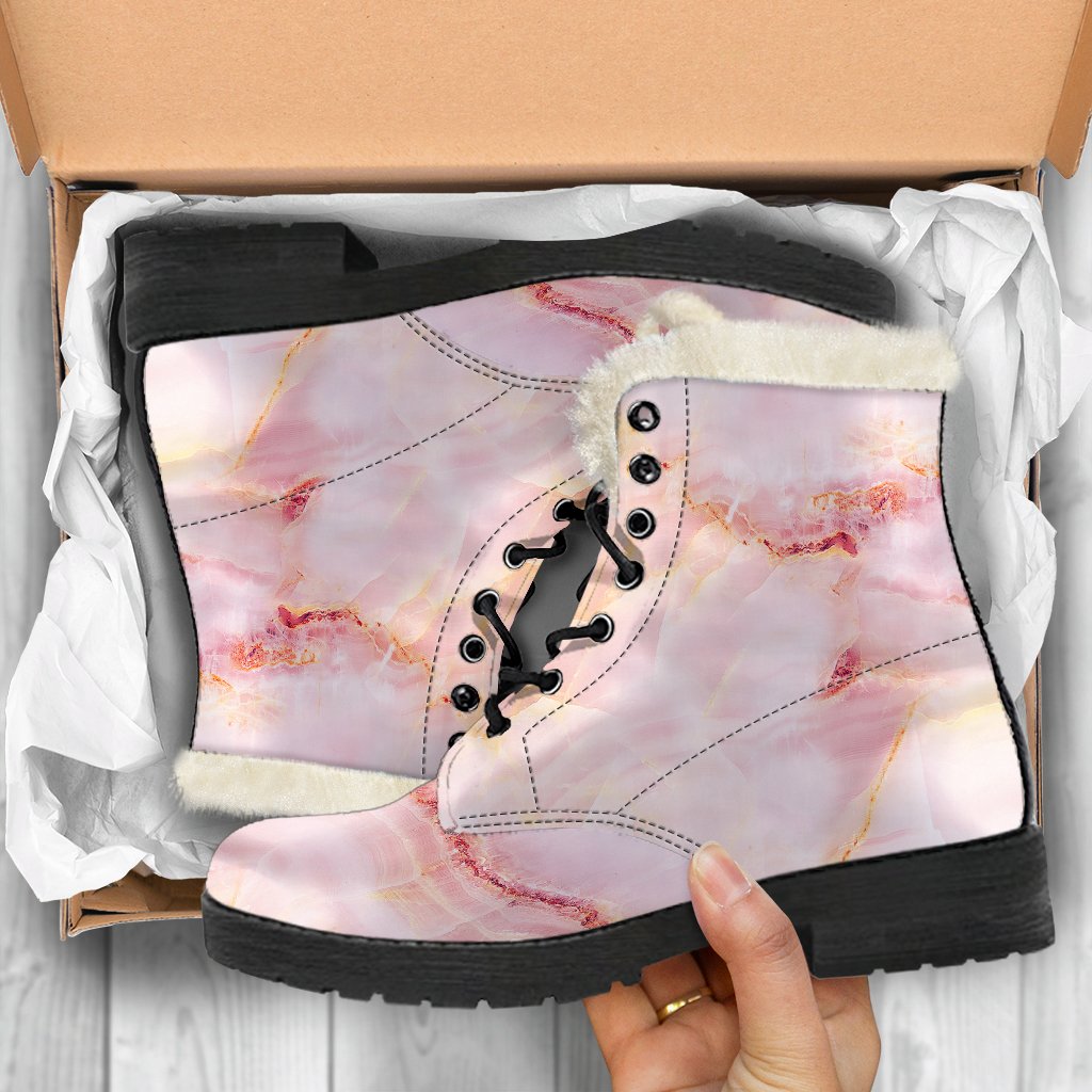 Groovy Vibes Faux Fur Leather Boots - Pink Marble Print - 5