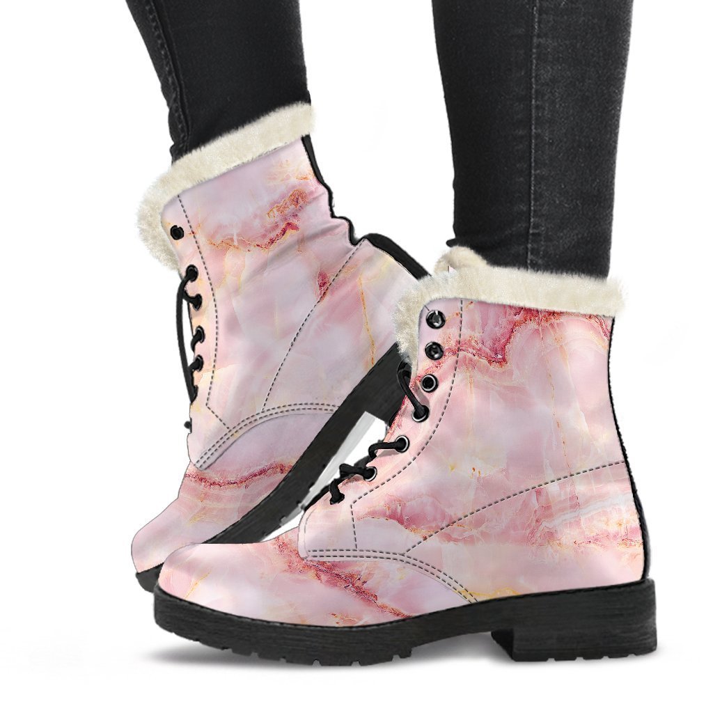 Groovy Vibes Faux Fur Leather Boots - Pink Marble Print - 1