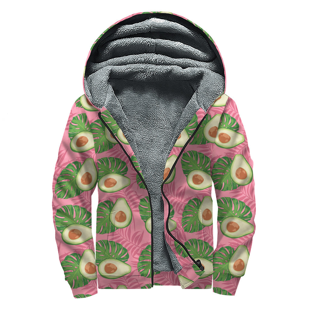 Pink Palm Leaf Avocado Print Sherpa Lined Zip Up Hoodie: Embrace Your Hippie Style in Cozy Comfort - 1