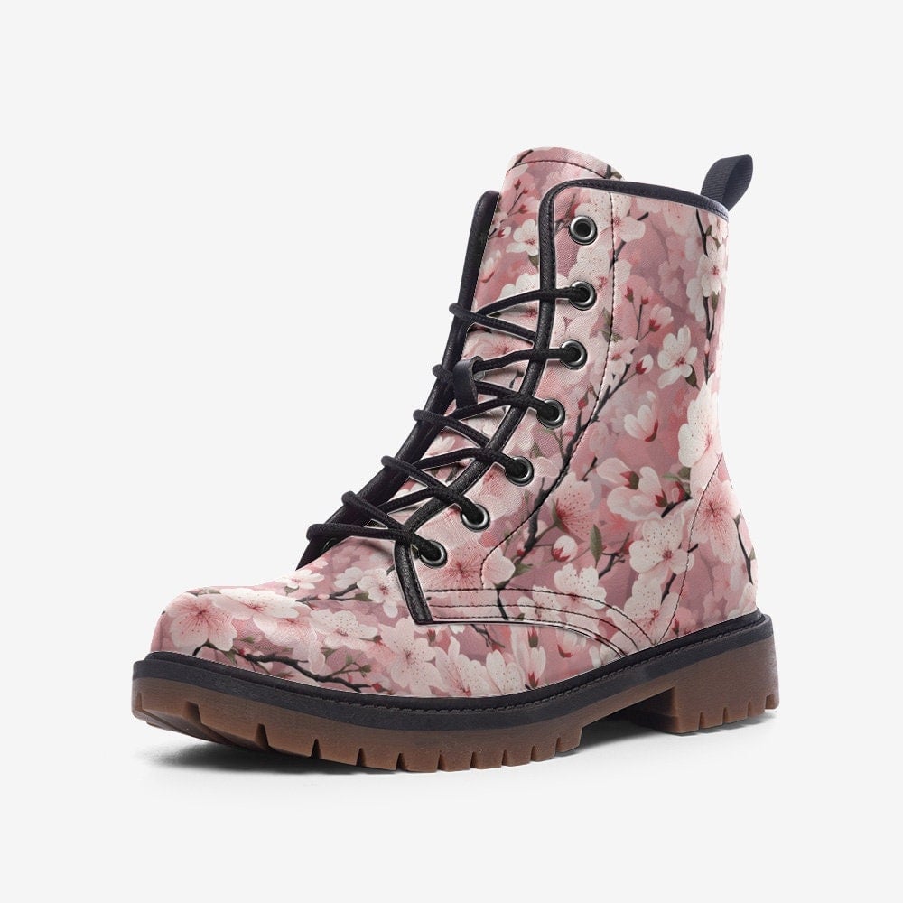 Emerald Blossoms - Pink Pastel Cherry Blossom Vegan Leather Festival Boots Combat Boots For Hippies