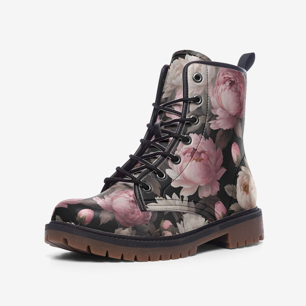 Emerald Blossoms - Pink Peony Casual Leather Lightweight Boots For Hippies