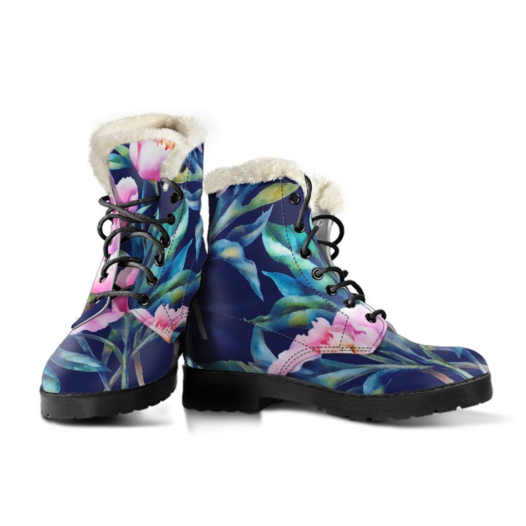 Pretty in Pink Peony Floral Faux Fur Leather Boots for Groovy Hippies - 3