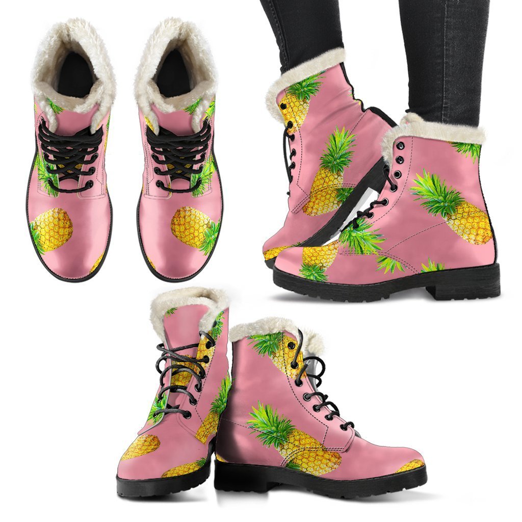 Groovy Pink Pineapple Faux Fur Leather Boots for Trendy Hippies - 2