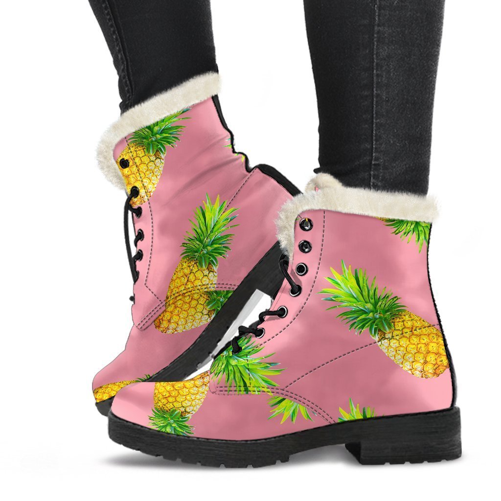 Groovy Pink Pineapple Faux Fur Leather Boots for Trendy Hippies - 1