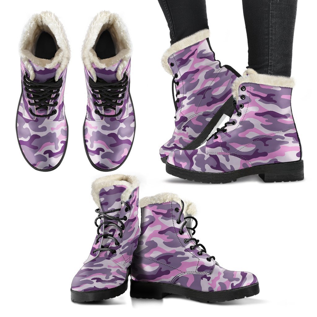 Pink, Purple, and Grey Camouflage Faux Fur Leather Boots for Groovy Hippies - 2