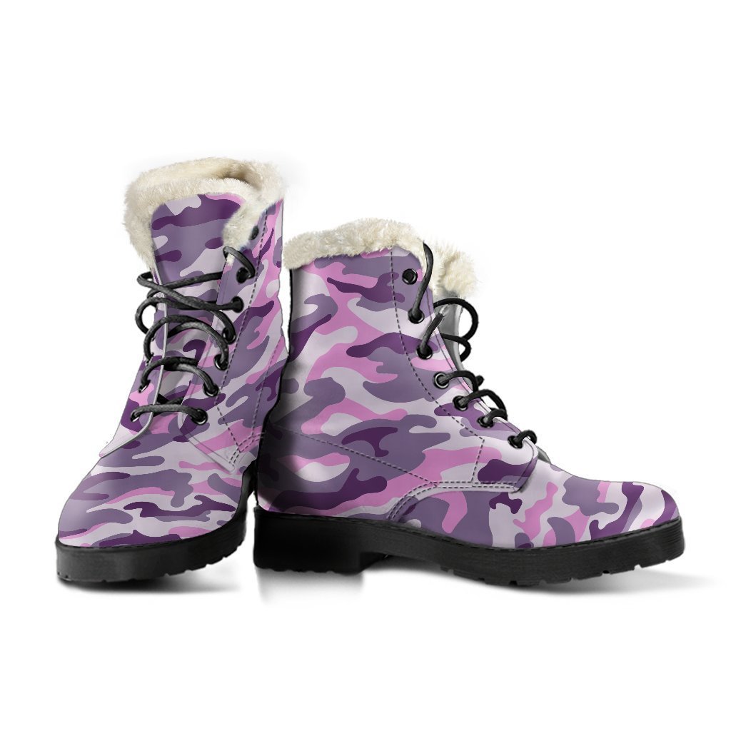 Pink, Purple, and Grey Camouflage Faux Fur Leather Boots for Groovy Hippies - 3