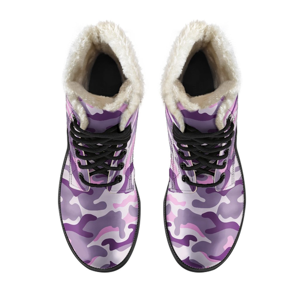 Pink, Purple, and Grey Camouflage Faux Fur Leather Boots for Groovy Hippies - 4