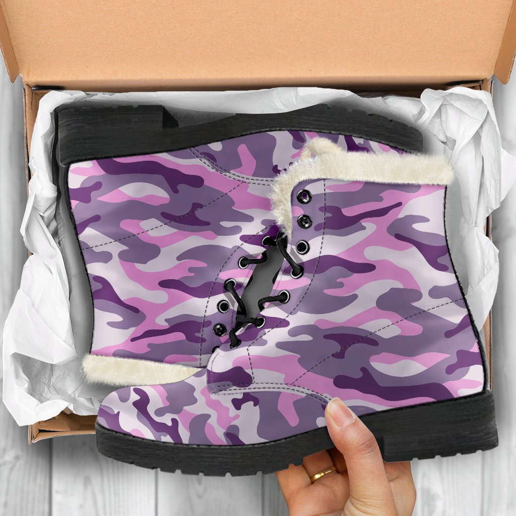 Pink, Purple, and Grey Camouflage Faux Fur Leather Boots for Groovy Hippies - 5