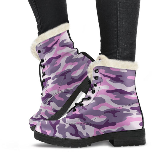 Pink, Purple, and Grey Camouflage Faux Fur Leather Boots for Groovy Hippies - 1