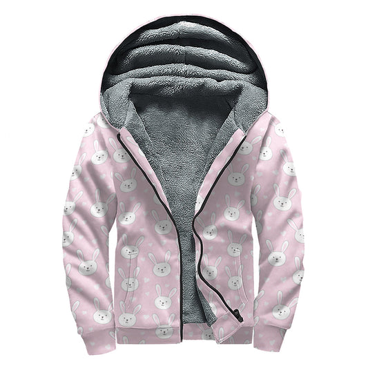 Pink Rabbit Pattern Print Sherpa Lined Zip Up Hoodie for Groovy Hippies - 1