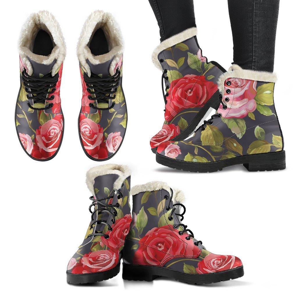 Boho Chic: Pink Red Rose Floral Faux Fur Leather Boots for the Modern Hippie - 2