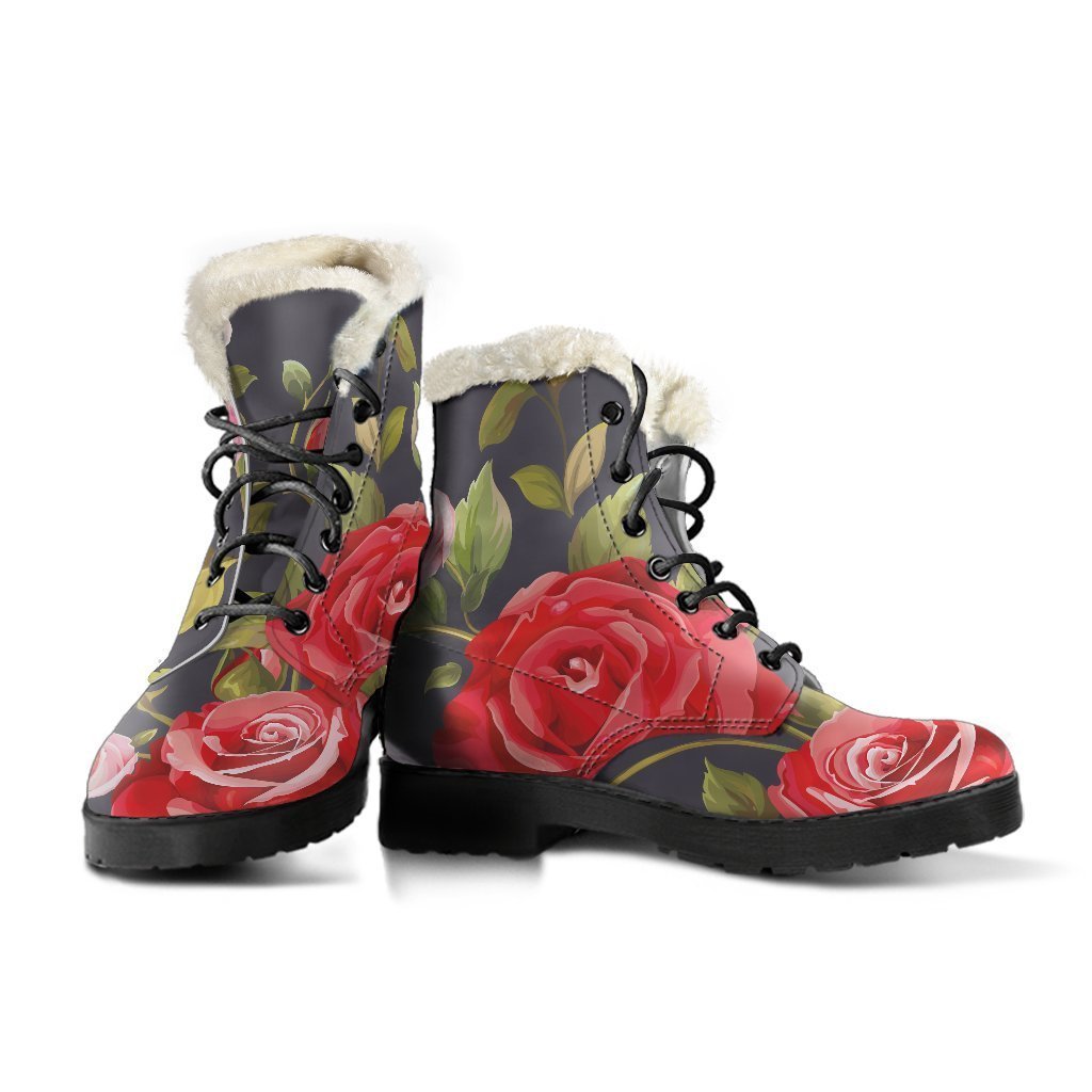 Boho Chic: Pink Red Rose Floral Faux Fur Leather Boots for the Modern Hippie - 3