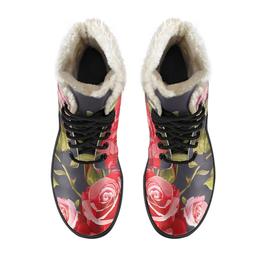 Boho Chic: Pink Red Rose Floral Faux Fur Leather Boots for the Modern Hippie - 4