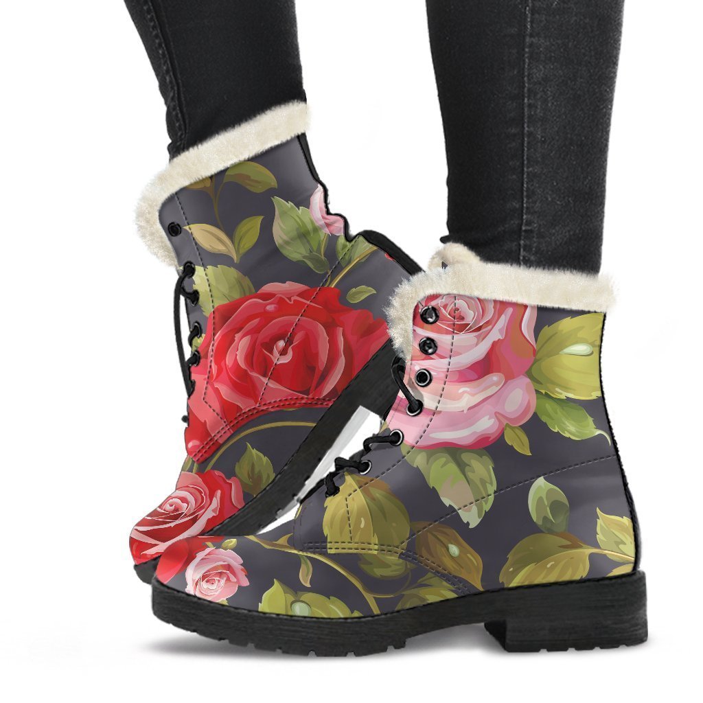 Boho Chic: Pink Red Rose Floral Faux Fur Leather Boots for the Modern Hippie - 1