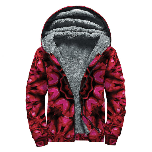 Pink Rose Kaleidoscope Print Sherpa Lined Zip Up Hoodie for Free-Spirited Hippies - 1