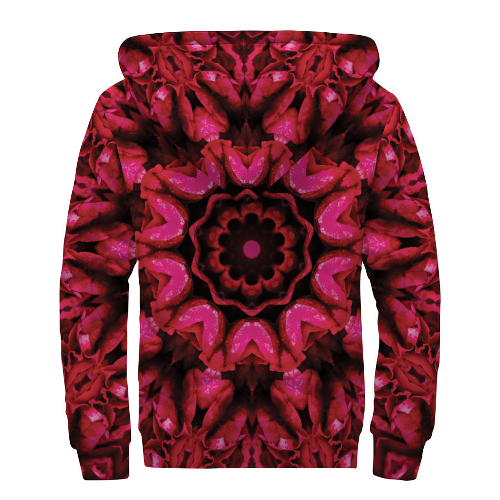 Pink Rose Kaleidoscope Print Sherpa Lined Zip Up Hoodie for Free-Spirited Hippies - 2