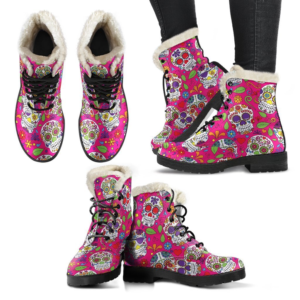 Pink Sugar Skull Pattern Faux Fur Leather Boots for Groovy Hippies - 2