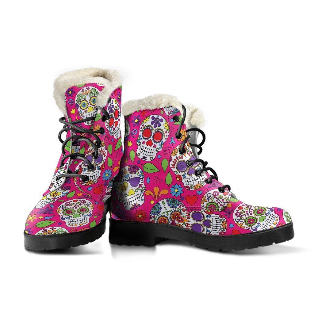 Pink Sugar Skull Pattern Faux Fur Leather Boots for Groovy Hippies - 3