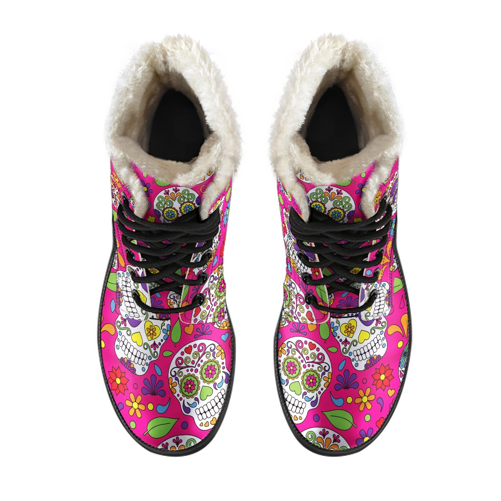 Pink Sugar Skull Pattern Faux Fur Leather Boots for Groovy Hippies - 4