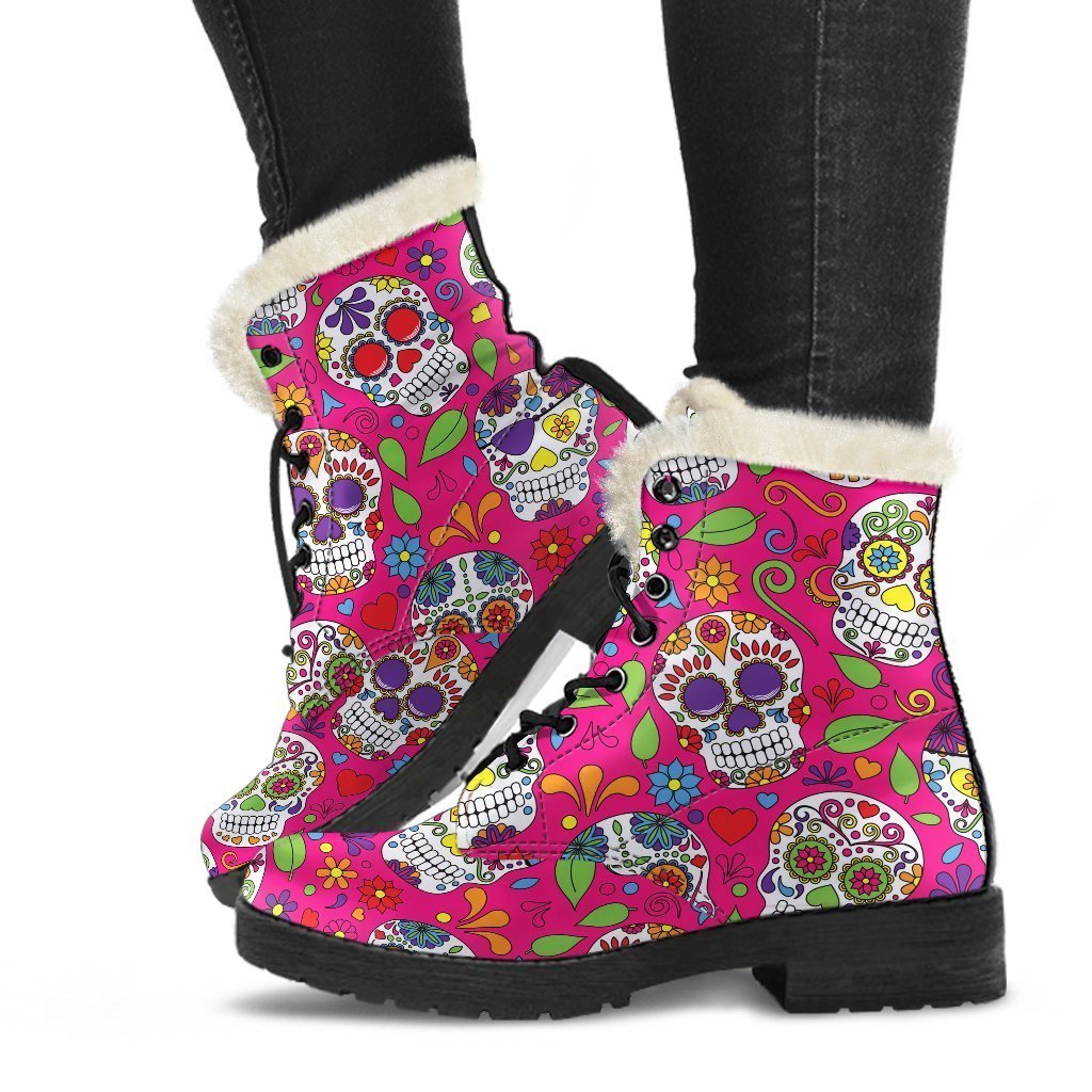 Pink Sugar Skull Pattern Faux Fur Leather Boots for Groovy Hippies - 1