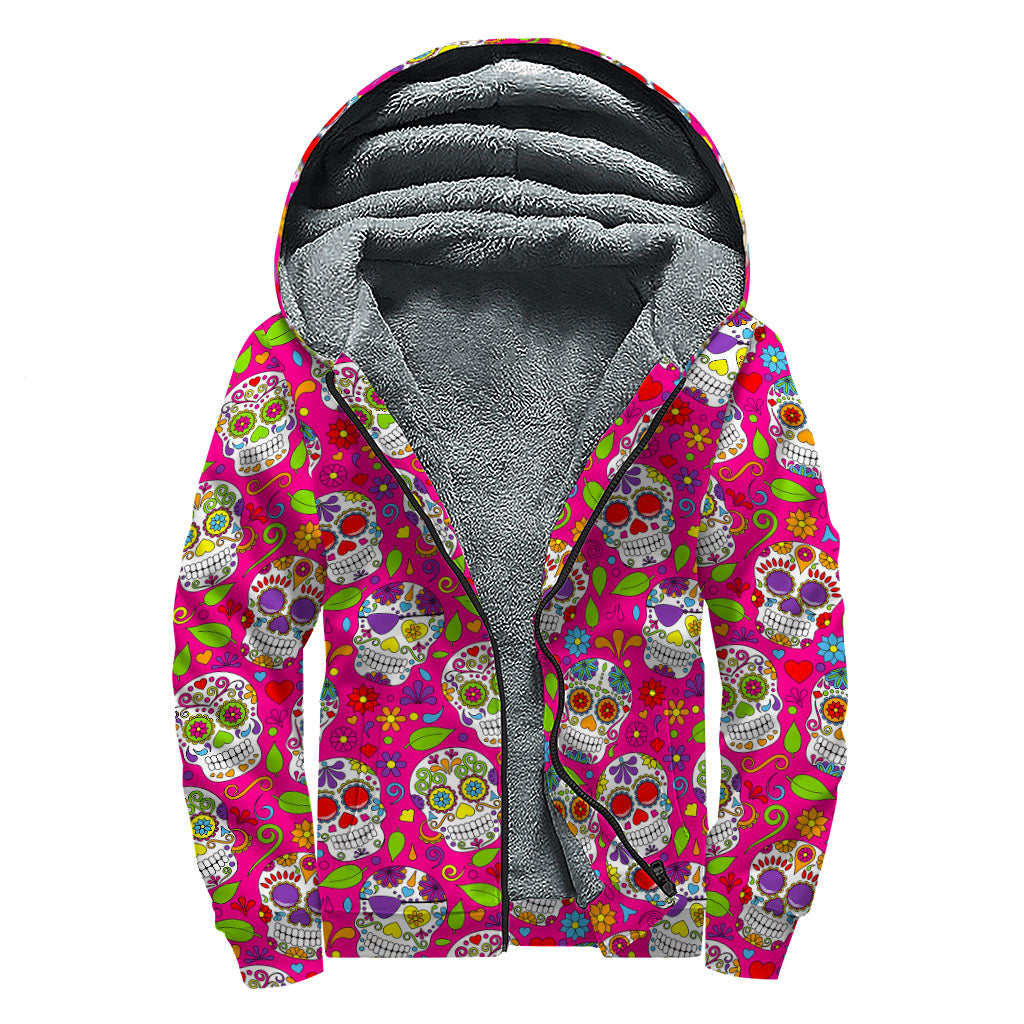 Pink Sugar Skull Pattern Sherpa Hoodie - A Groovy Hippie Essential! - 1