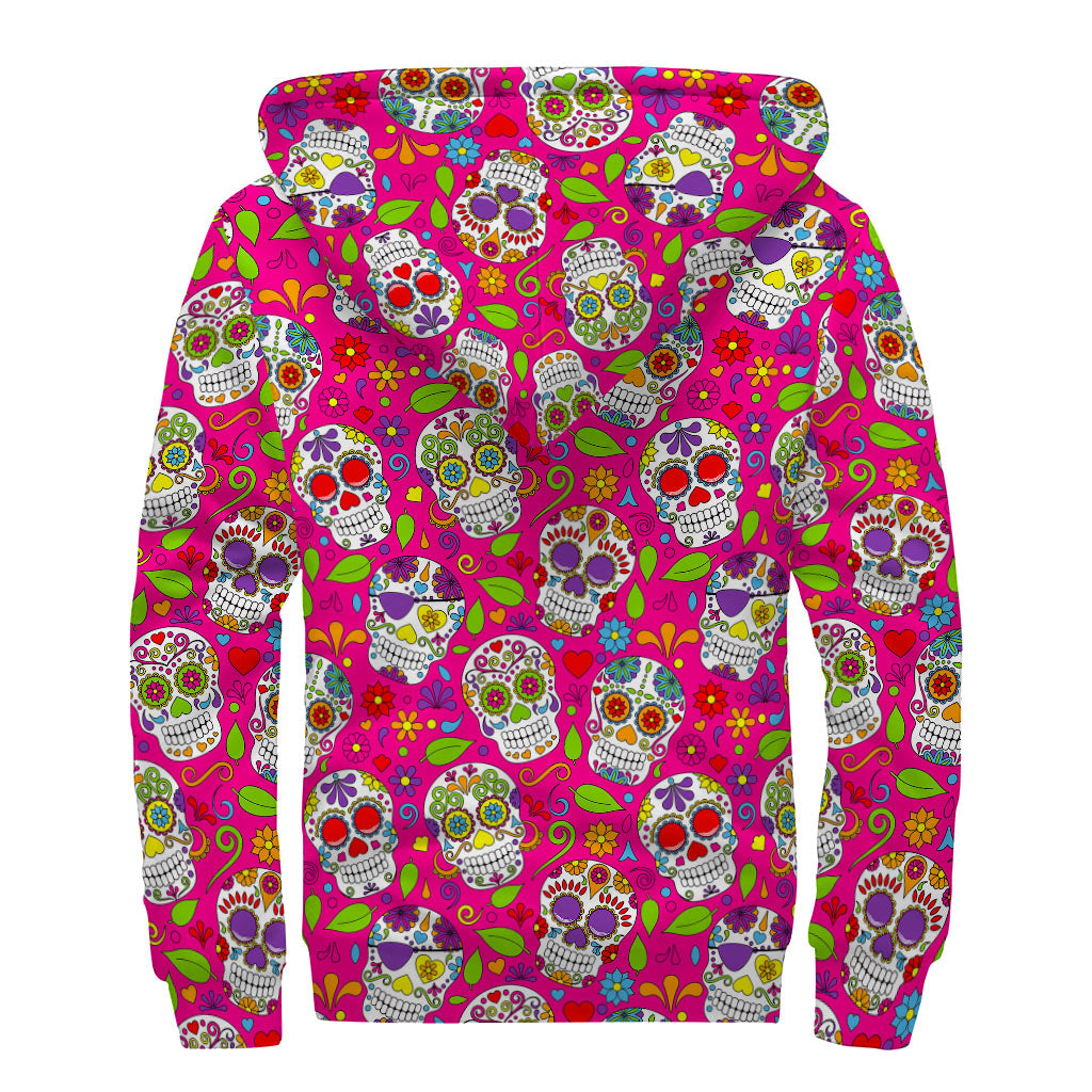 Pink Sugar Skull Pattern Sherpa Hoodie - A Groovy Hippie Essential! - 2