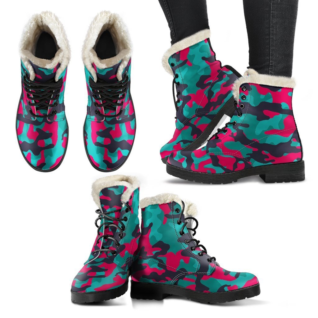 Pink, Teal, and Black Camouflage Faux Fur Leather Hippie Boots - 2