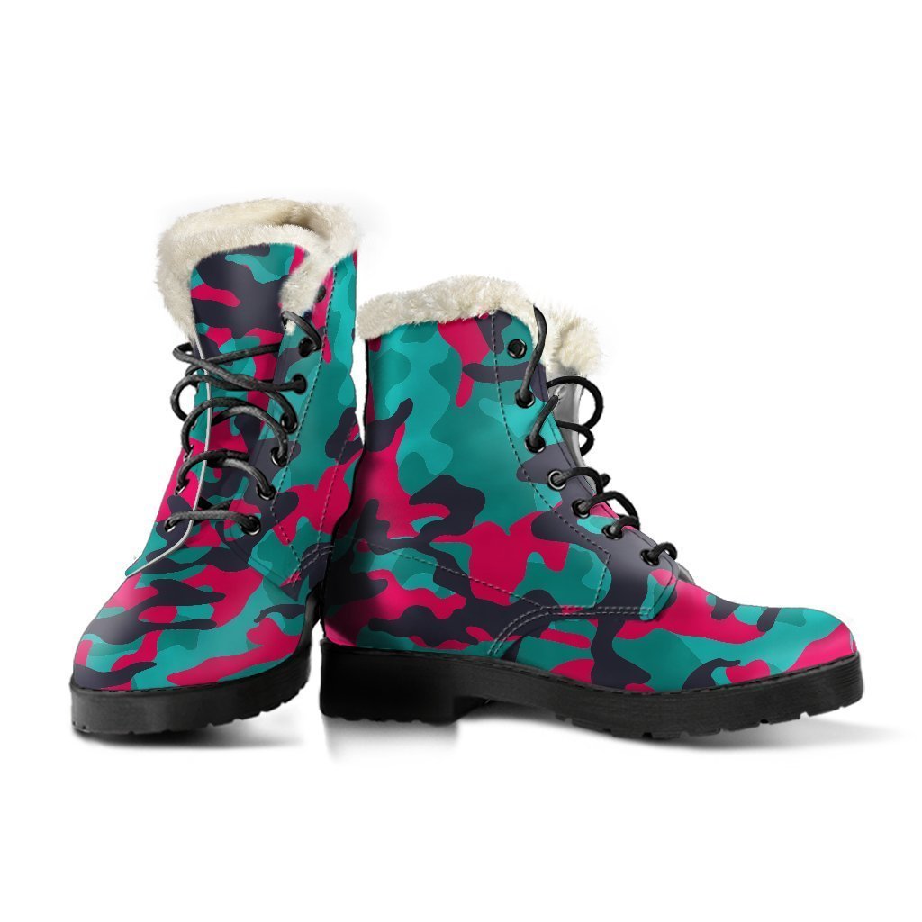 Pink, Teal, and Black Camouflage Faux Fur Leather Hippie Boots - 3