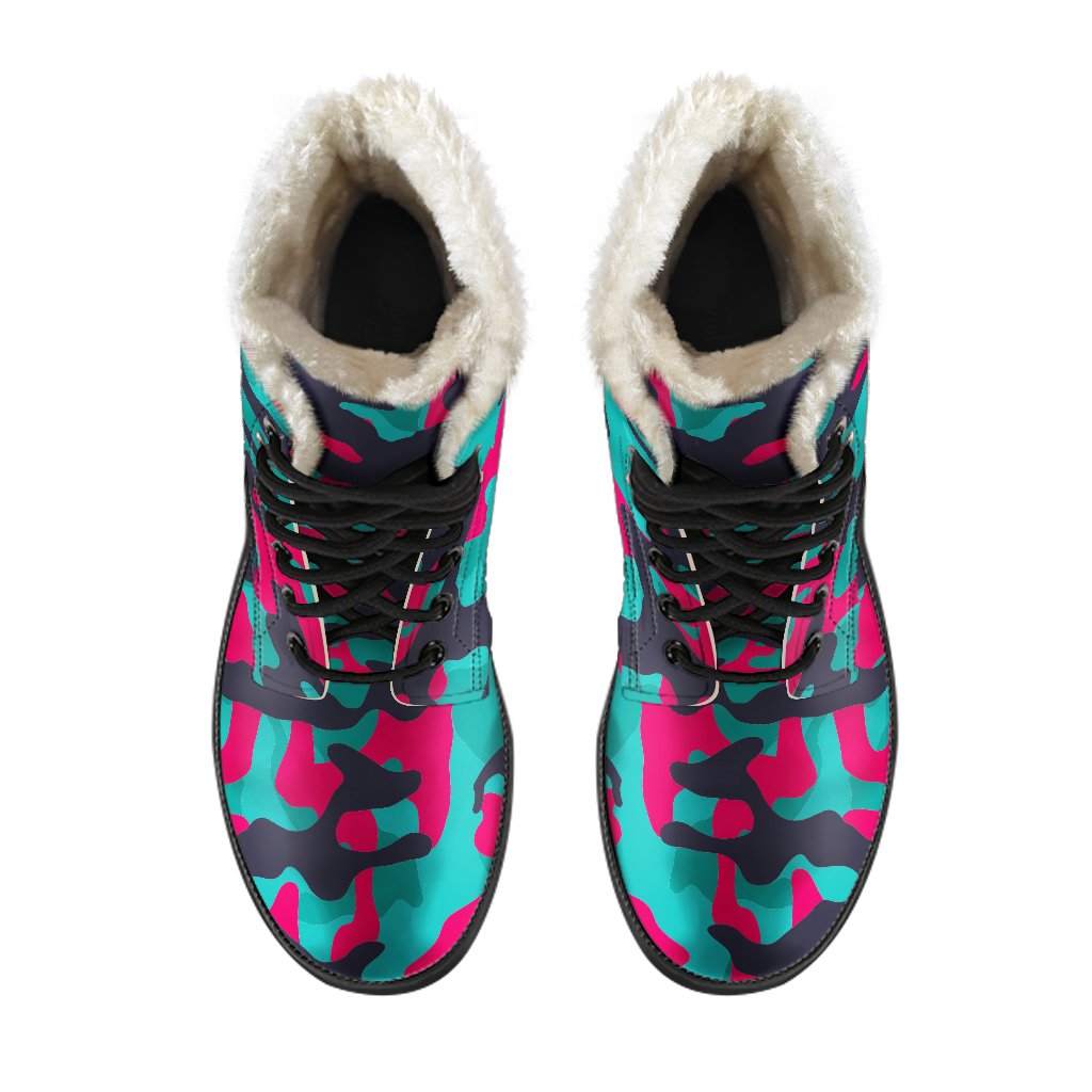 Pink, Teal, and Black Camouflage Faux Fur Leather Hippie Boots - 4