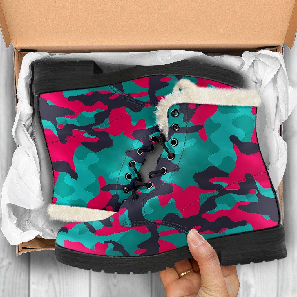 Pink, Teal, and Black Camouflage Faux Fur Leather Hippie Boots - 5