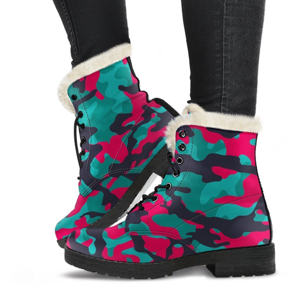 Pink, Teal, and Black Camouflage Faux Fur Leather Hippie Boots - 1