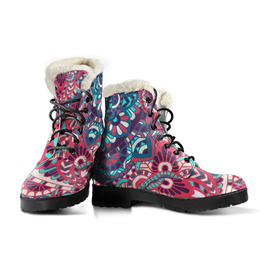 Groovy Pink and Teal Bohemian Mandala Faux Fur Leather Boots - 3