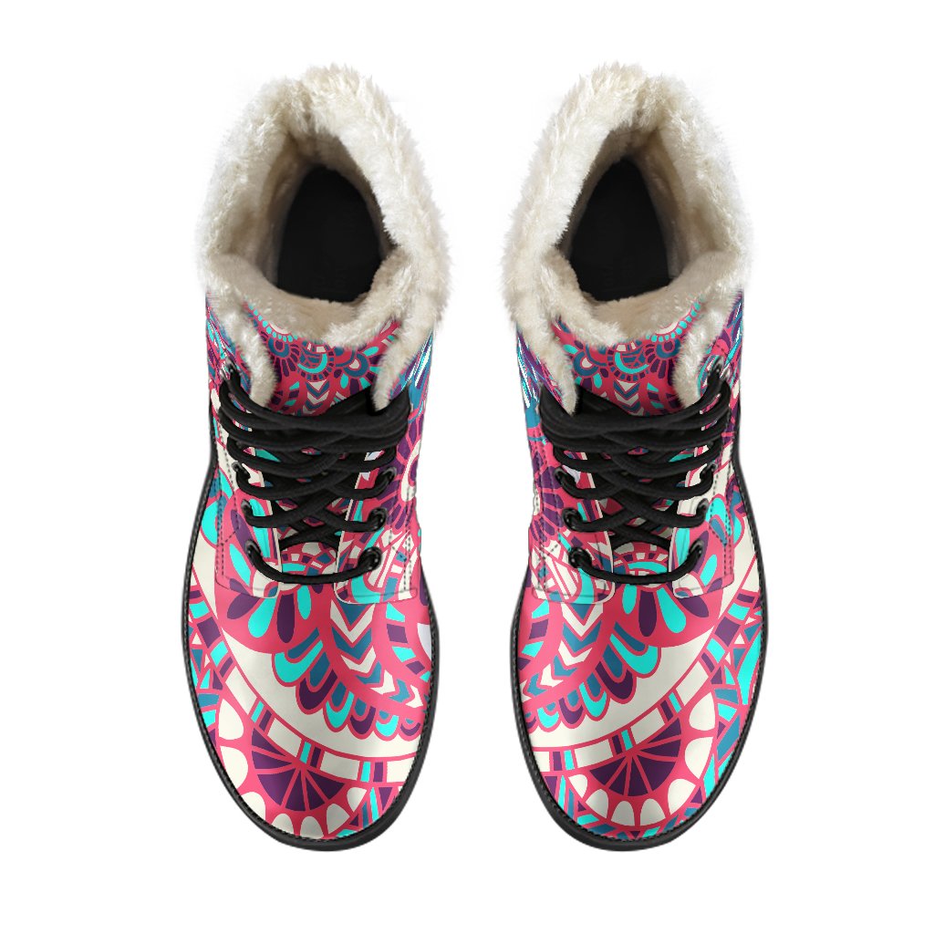 Groovy Pink and Teal Bohemian Mandala Faux Fur Leather Boots - 4