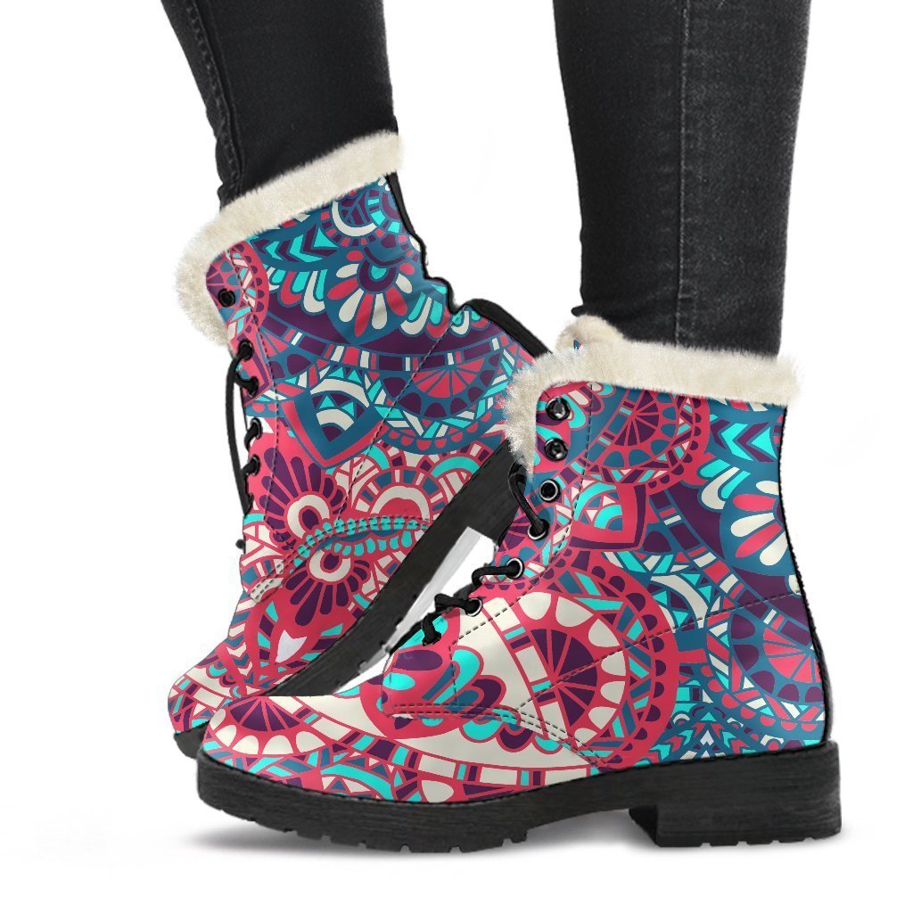 Groovy Pink and Teal Bohemian Mandala Faux Fur Leather Boots - 1