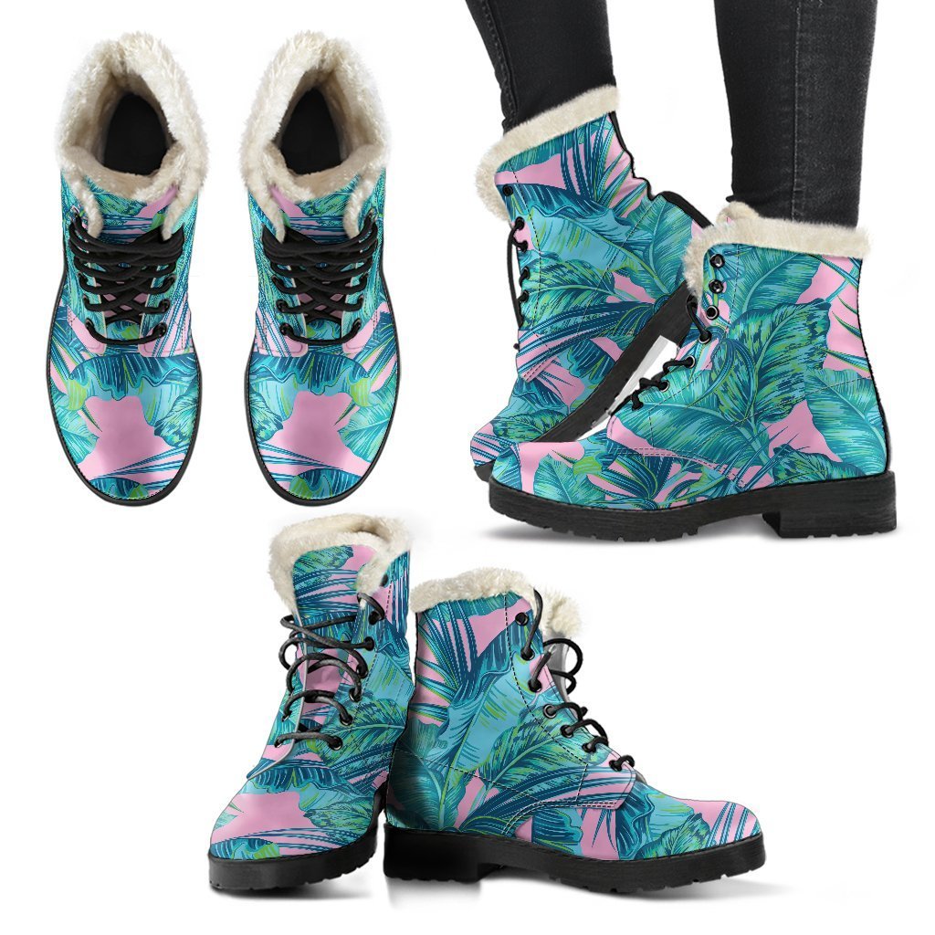 Pink and Teal Tropical Leaf Pattern Faux Fur Leather Boots for Groovy Hippies - 2