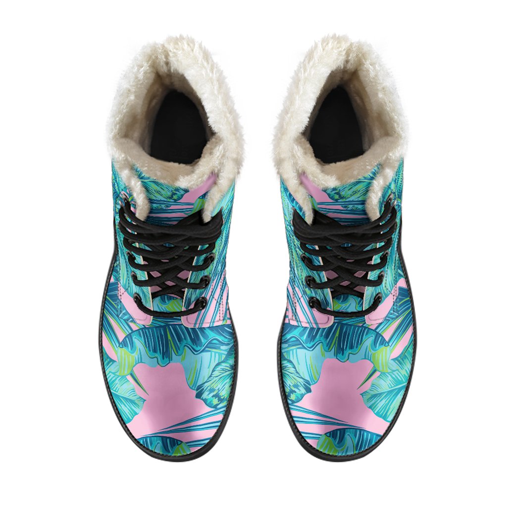 Pink and Teal Tropical Leaf Pattern Faux Fur Leather Boots for Groovy Hippies - 4