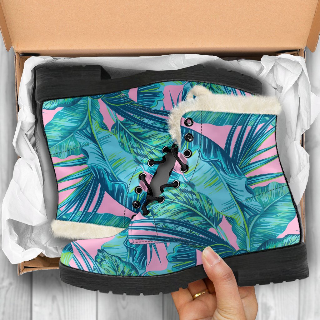 Pink and Teal Tropical Leaf Pattern Faux Fur Leather Boots for Groovy Hippies - 5