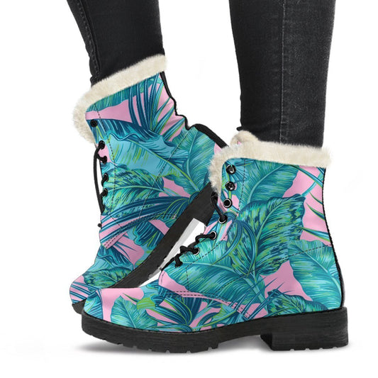 Pink and Teal Tropical Leaf Pattern Faux Fur Leather Boots for Groovy Hippies - 1