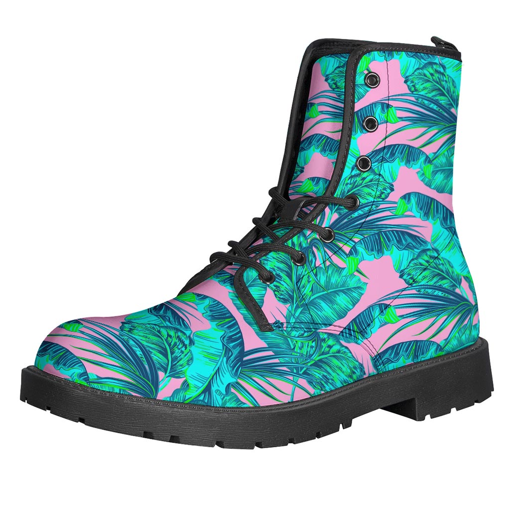 Pink Teal Tropical Leaf Pattern Leather Hippie Boots - 1