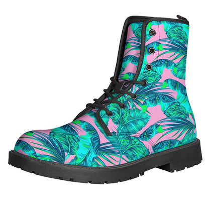 Pink Teal Tropical Leaf Pattern Leather Hippie Boots - 1