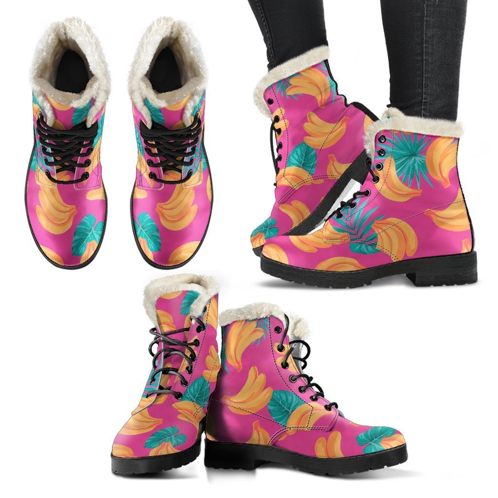 Groovy Vibes: Pink Tropical Banana Print Faux Fur Leather Boots for Hippies - 2