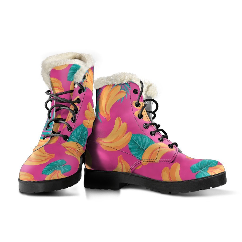 Groovy Vibes: Pink Tropical Banana Print Faux Fur Leather Boots for Hippies - 3